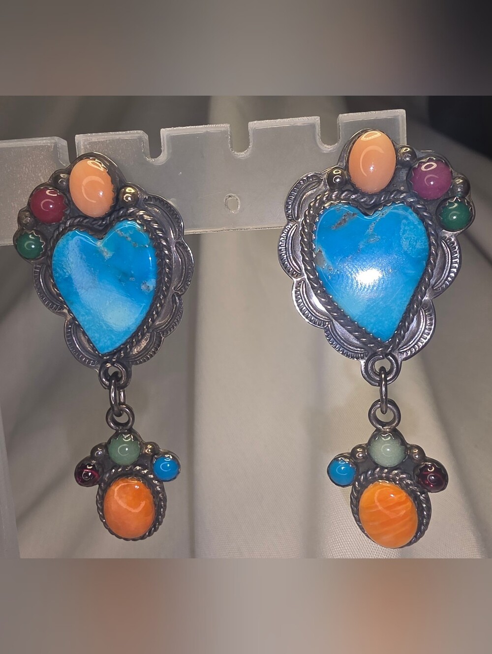 Native American sterling silver Earrings Signed, Heart Turquoise - Picture 2 of 14